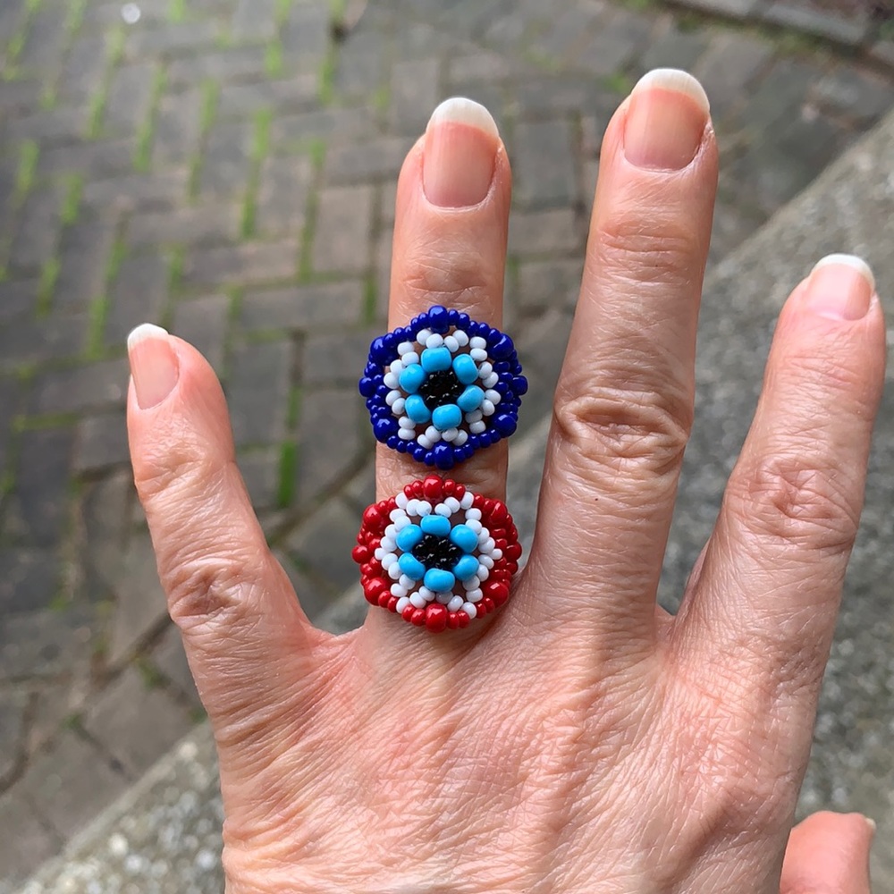 ๐ท3 for $25๐ทHandmade, US OS, Pair of Beaded Red White & Blue Evil Eye Rings